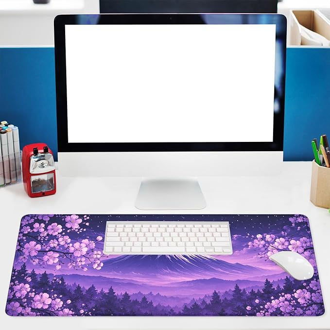 Cherry Blossoms Mouse Pad Mount Fuji Purple Sky Extended Mousepad Waterproof Stitched Edges Rubber Base Non-Slip Deskmap Computer Keyboard Mat 31.5x11.8 Inch