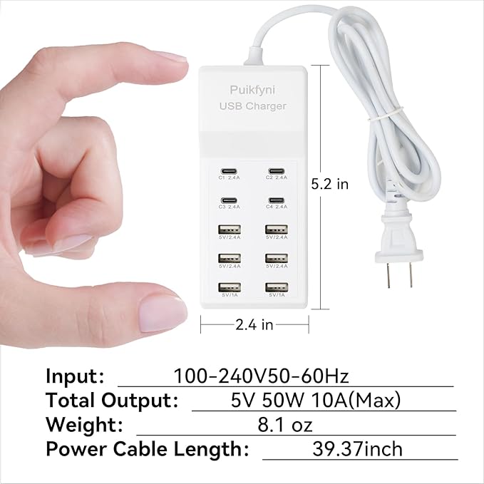 USB Charger Station with 4 Type-C and 6 Type-A Ports, Rapid Charging Auto Detect Technology Safety Guaranteed, 50W 10A USB Charger Block for Smart Phone, Tablet, Laptop, Multiple Devices