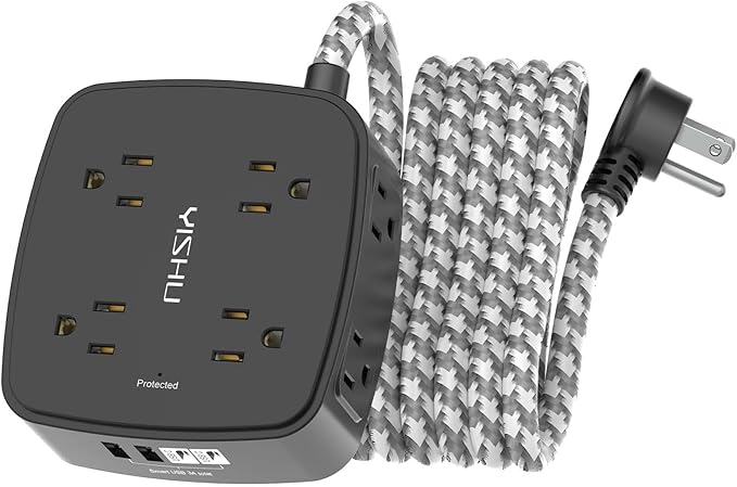 Surge Protector Power Strip - YISHU 8 Outlets with 4 USB (2 USB C) Charging Ports, 10Ft Braided Extension Cord, Flat Plug Multi Plug Outlet Extender Charging Station for Home Office, ETL, Black