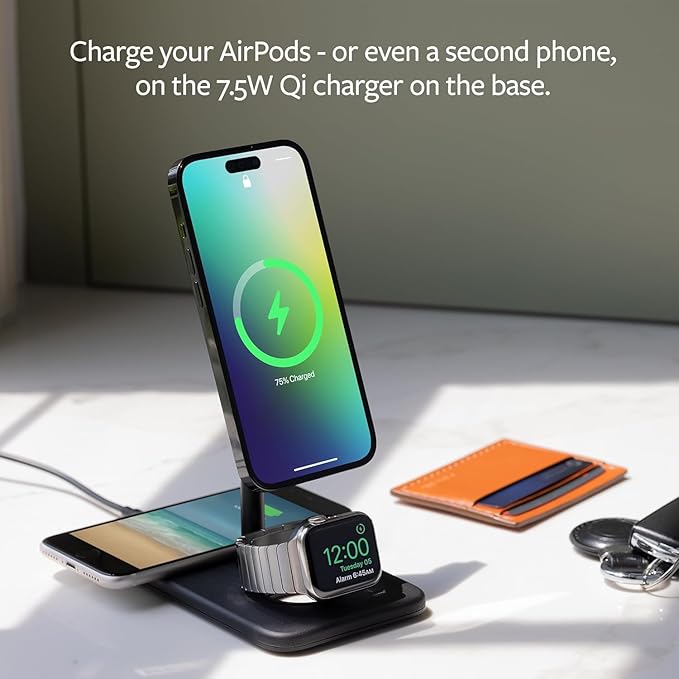 Twelve South HiRise 3 Deluxe Twelve South 3-in-1 MagSafe + Qi2 Charging Stand for iPhone, Watch, and AirPods, White