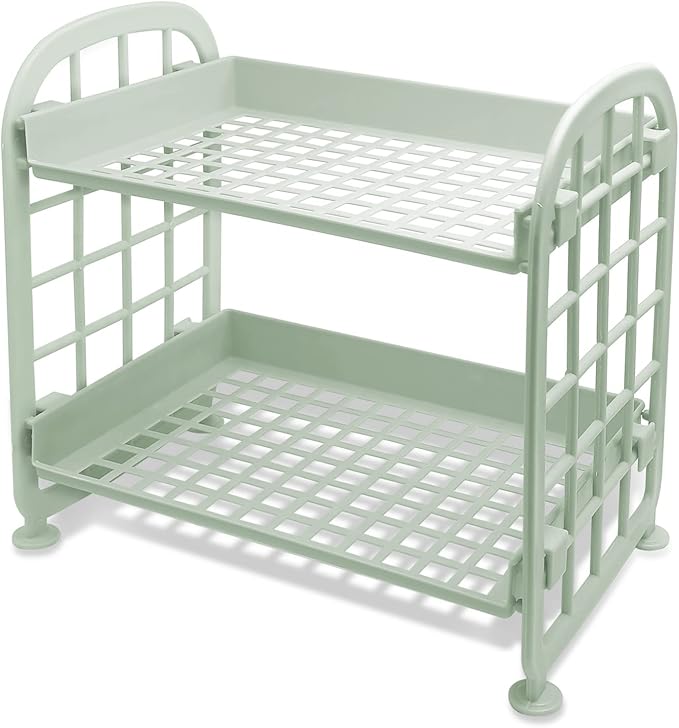 UnnFiko 2-Layers Table Shelf Organizer, Adjustable Plastic Storage Rack Shelf Square Basket Desk Stand Table Storage Organizer Shelves (Green)