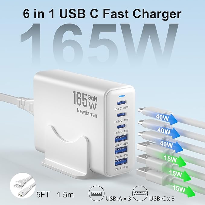 165W GaN USB C Charging Station, 6-Port Desktop Charger [3 USB-C PD + 3 USB-A], Multi-Device Fast Charger with 5 ft Cord for iPad iPhone 17/16/15, Samsung Galaxy, Tablets, Home Office Travel White