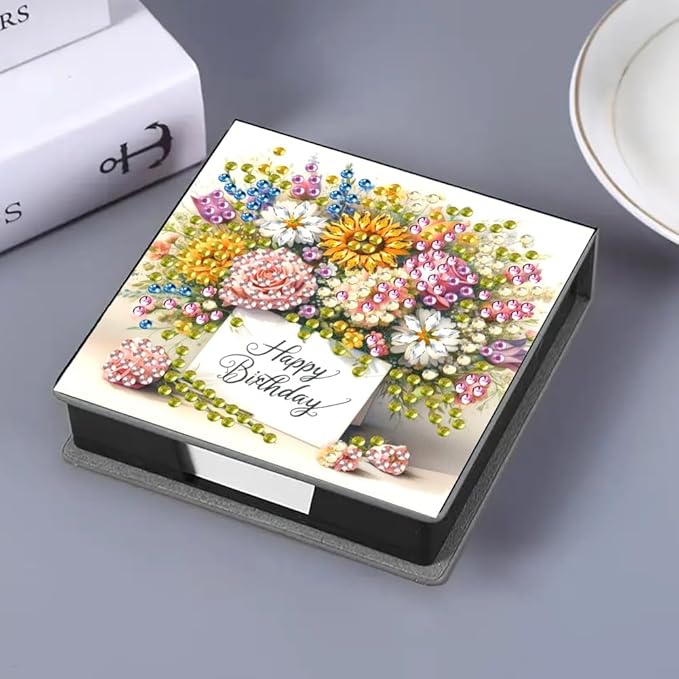 Diamond Painting Kits Sticky Note Holder, DIY Diamond Art Accessories Memo Pad Box for Desk, Mosaic Craft Kits for Adults Beginners, Cute Office Decor Gifts Women(Flowers Cardboard)