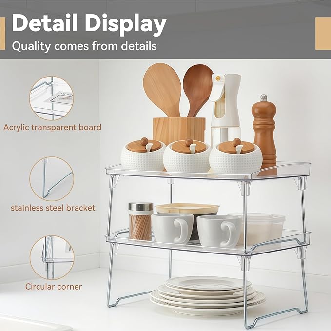 Stackable Cabinet Organizer Shelf, Clear Plastic Countertop Organizer Shelf for Kitchen Cabinet, Spice Rack, Pantry, Bathroom, Desk, 2 Pack
