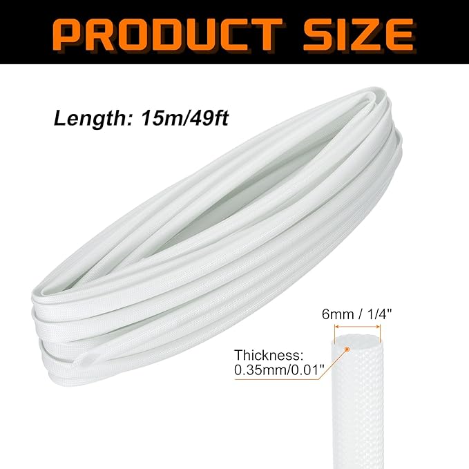 MECCANIXITY 49ft Braided Cable Sleeve, 1/4" ID 200C Heat Resistant 1500V Fiberglass Wire Insulation Cord Protector Organizer Wires Management for Motor Engine Fuel Line, White
