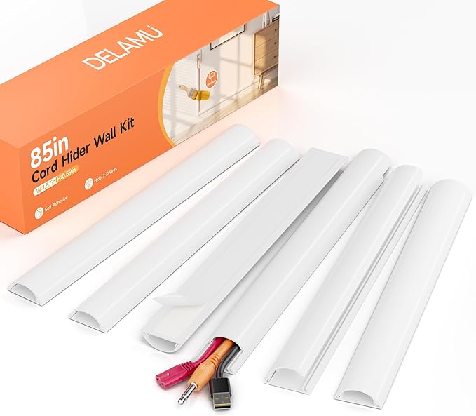 Delamu 85in Adhesive Cord Hider Wall, Mounted TV Cord Cover Kit, Multiple Cable Raceways for Wall Corner, Wire Cover Hiders for 2-3 Cables, 1.57" W X 0.59" H, White