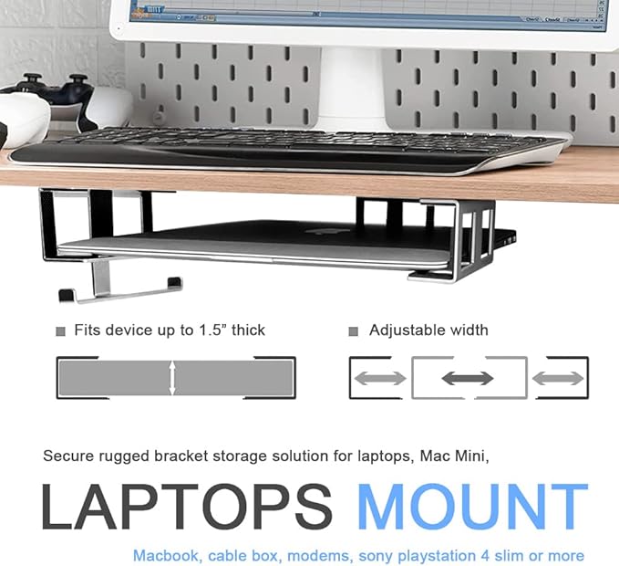 IFCASE Under Desk Laptop Mount & Headphone Holder with Adhesive & Screw, Hard Aluminum Under Table Desk Holder for Laptop, Mac mini, MacBook Pro (Silver)