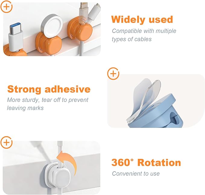 Cord Organizer Holder，2026 New Rotatable Desk Cable Managemen，Adhesive Wire Cable Clips Management Kit for Phone Charger, Home, Computer, Desk, Nightstand，Office (Mixed (6pack))