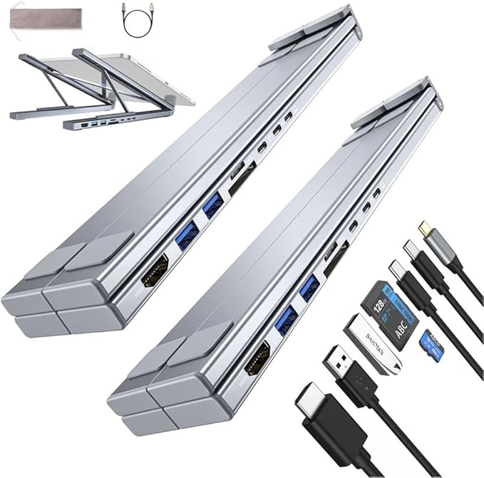 Laptop Docking Station Stand 8 in 1 USB C Portable Travel Laptop Stand with Docking Station 8-in-1 USB-C Hub with 4k HDMI, 2 USB 3.0, Pd 100w for MacBook Pro/Air Dock Tablet Stands(2pcs 8 in 1)