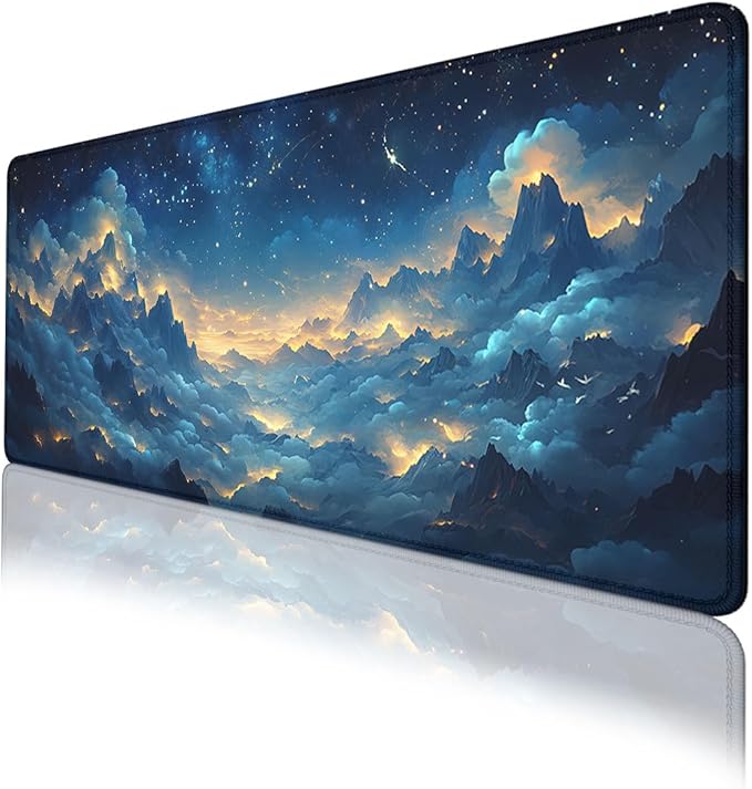 Stars Mouse Pad Night Clouds Mountains Rivers Sea Stars Large Gaming Mouse Mat with Stitched Edges,Non-Slip Waterproof Rubber Base Mous Mat 31.5x11.8 in