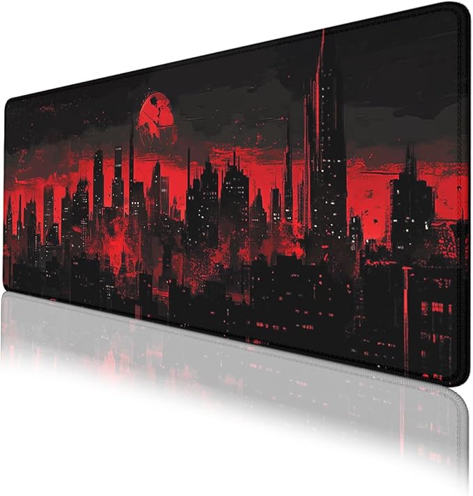 Dark City Mouse Pad Red Moon Gothic Skyline Neon Large Gaming Mouse Mat with Stitched Edges,Non-Slip Waterproof Rubber Base Mous Mat 31.5x11.8 Inch