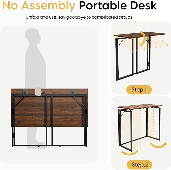 alawooder Folding Desk - 39.4” Wood Top Foldable Desk for Small Spaces | No Assembly Required Compact Desk for Home Office, Writing, and Study