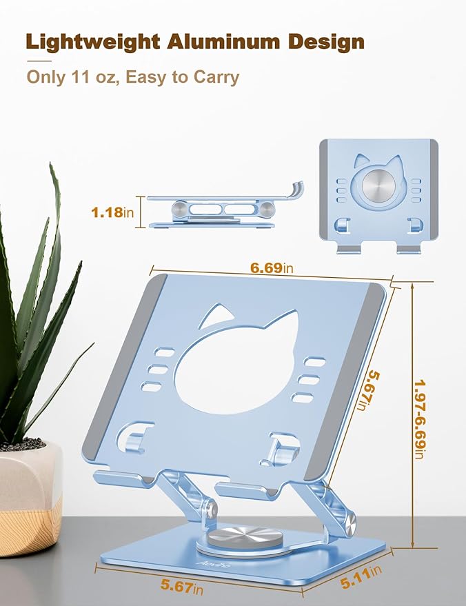 Aoviho Rotating Tablet Stand for Desk - [Adjustable] Drawing Stand for iPad, Portable Aluminum Desktop Holder, Compatible with 4.7–12.9 inch Devices, (Sky Blue)