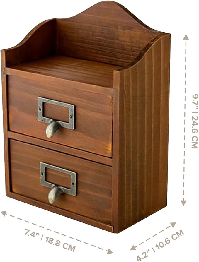 Mini Vintage 2 Drawer Desktop Organizer - Rustic Card Catalog with Label Holders - Small Chest for Organization - Library Box - Wood Table Cabinet Top Vertical Storage Bin