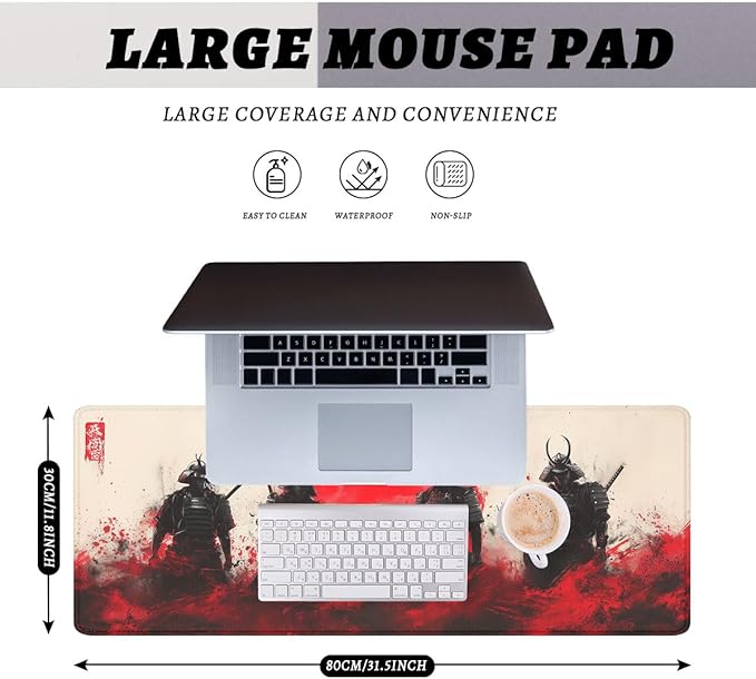 Samurai Gaming Mouse Pad Japanese Warrior Black Graffiti Red Sun Extended Mousepad Waterproof Stitched Edges Rubber Base Non-Slip Deskpad Computer Keyboard Mat 31.5x11.8 in