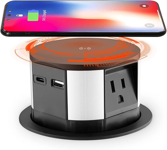 Link2Home Wireless Charging Pop Up Outlet with USB, Space Saver Retractable Power Station with 3 Outlets (15A), 2 USB A/C Ports (3.0A), Splash Resistant for Kitchen Island, Office Desk & Workshop