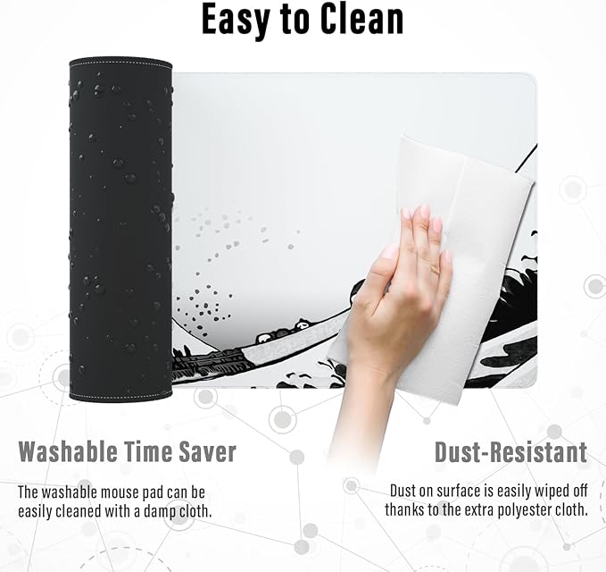Ovenbird Gaming Mouse Pad with Stitched Edges, Japanese Wave Extended XL Mousepad with Anti-Slip Base, Cool Large Mouse Pad for Desk, 31.5 x 11.8 in, Black and White