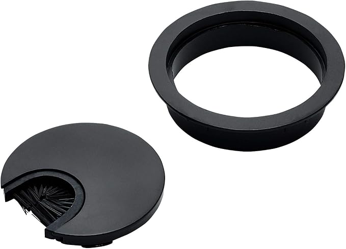 Matte Black Metal Cable Grommet | 2 Piece "Lock in" Feature with "Brush" Opening for Management of Office & Computer Desk Wires | 60mm (2 3/8") Hole Opening | 1 Pack