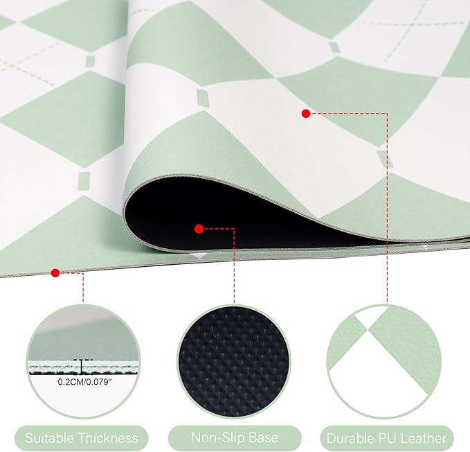 Checkered Desk Mat with PU Leather, 35.4" x 15.7" Non-Slip Large Mouse Pad for Desk, Easy Clean Desk Mat for Keyboard and Mouse, Leather Desk Pad for Office/Home/Decor (Light Green)