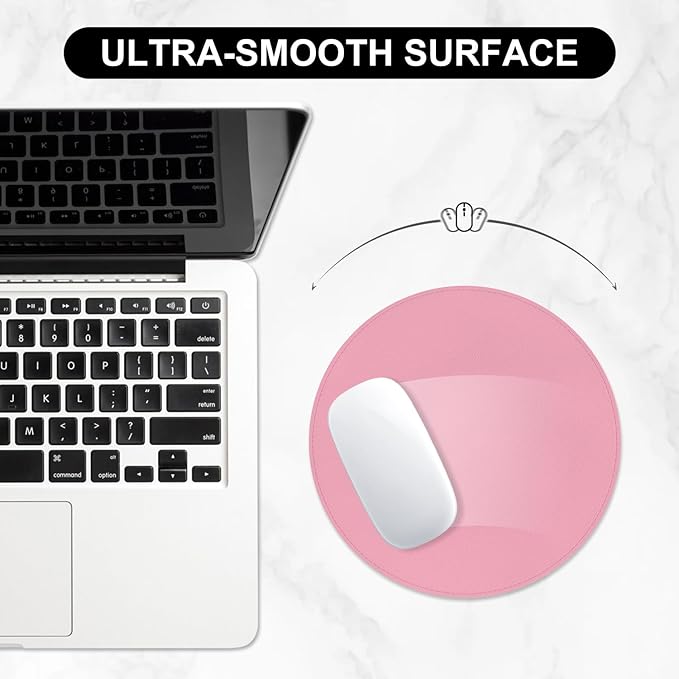 Leather Mouse Pad, Office Mouse Mat Non-Slip Rubber Base Stitched Edge Washable Waterproof Round Mousepad for Office Gaming PC Laptop, Round Diameter 8.7 inches, Pink