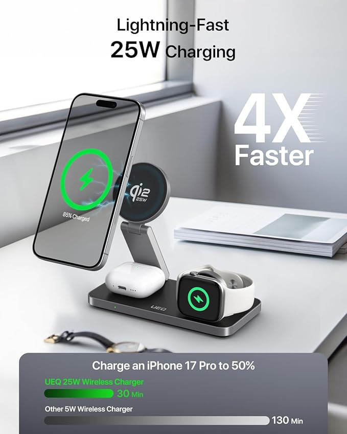 UEQ 3-in-1 Charging Station for Apple Devices,QI2.2 25W Ultra-Fast Magnetic Wireless Charger Stand,Compatible with MagSafe,Foldable Travel Charger for iPhone Air/17/16/15/14/13/12,Apple Watch,AirPods