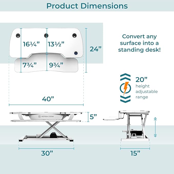 VERSADESK PowerPro 40 Inch Electric Standing Desk Converter – Push-Button Height Adjustable Sit to Stand Desk Riser for Triple Monitors & Laptop – Motorized Desktop Workstation with Wide Keyboard Tray