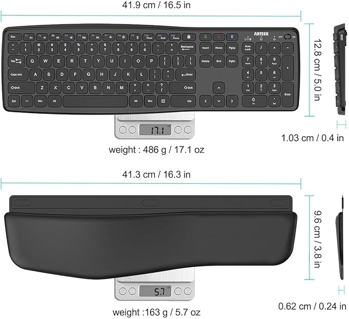 Arteck Multi-Device Ergonomic Wireless Bluetooth Keyboard with Nano USB-A, USB-C Type C Receiver Palm Wrist Rest Full Size Keyboard for Windows iPad OS Android, Computer Desktop Laptop PC Tablet