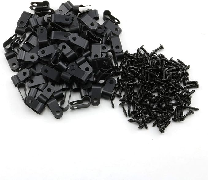 heyous 100pcs 1/4 inch (6.4mm) R-Type Cable Clamp Nylon Wire Hose Tube Fastener Fixed Cable Tie Mount Organizer Holder R Type Cable Clip with Mounting Screw Black