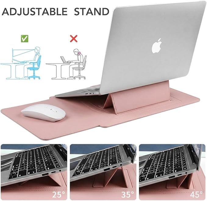 4-in-1 Laptop Sleeve with Stand and Mouse Pad, Faux Leather Protective Case with Accessory Pouch for 13.3-14 Inch Laptops, Pink