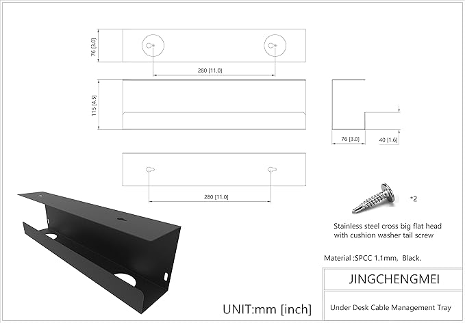 Under Desk 17 inch Wide Cable Management Tray, Power Strip Holder, Metal Cord Organizer, Wire Management for Office and Home, Black (UDCMT17In, Black)