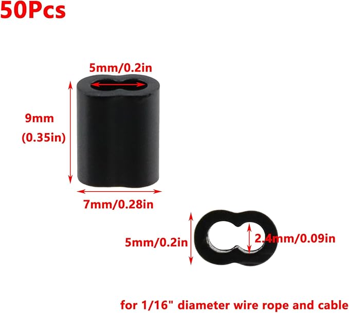 Antrader Aluminum Crimping Loop Sleeve,1/16" Cable Crimps Wire Ferrules for Crimping Wire Rope Cable,50Pcs,Black (M2)