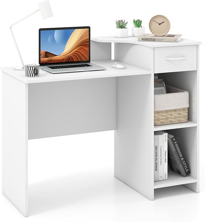Giantex Computer Desk with Storage, Modern PC Laptop Table with 5-Position Adjustable Shelf, Drawer & Cable Hole, Compact Study Writing Desk Workstation for Small Spaces Home Office, White