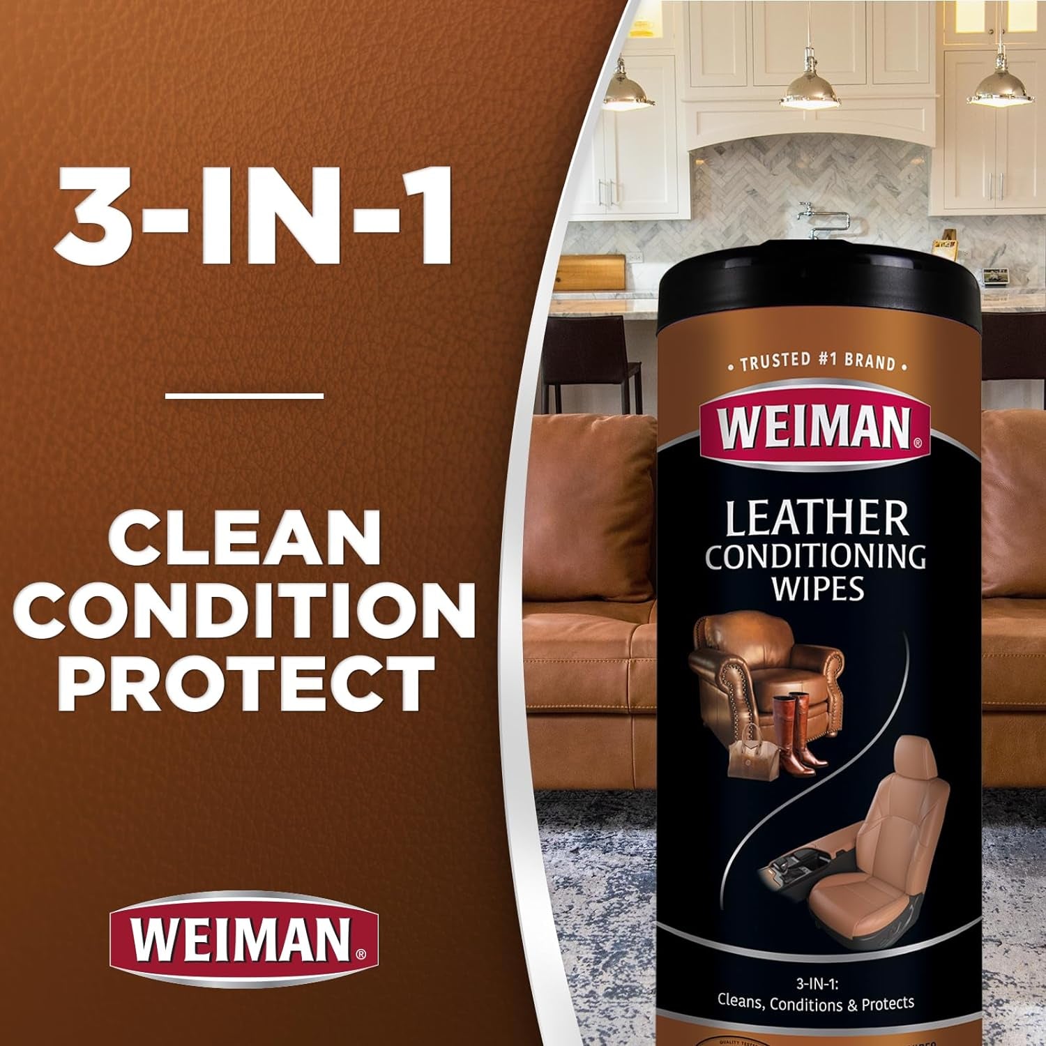 Leather Cleaner, Conditioner & Protector, 2 Pack Wipe with Cloth | UV Protection from Cracking & Fading, All Finished Leather Surfaces, Auto, Sofas, Shoe, Bag & Jacket