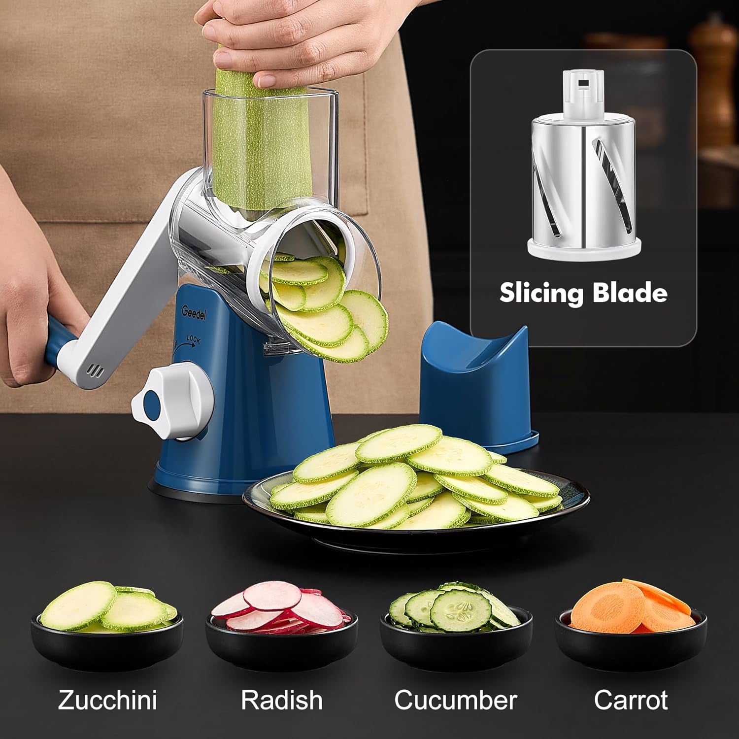 Rotary Cheese Grater Hand Crank, Cheese Shredder Vegetable Slicer | 3 Blades, 430 Stainless Steel, 12X Fast Cutting, Strong Suction Base, No BPA, Dishwasher Safe, for Cheese, Viggie, Nut
