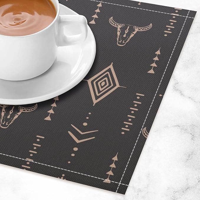 Western Cow Skull Placemats Vintage Western Boho Style Aztec Ethnic Minimalist Linen Washable Table Mats Stain Heat-Resistant Desktop Decor Place Mats for Home Kitchen Dining Party 12x18 in 6 Pcs