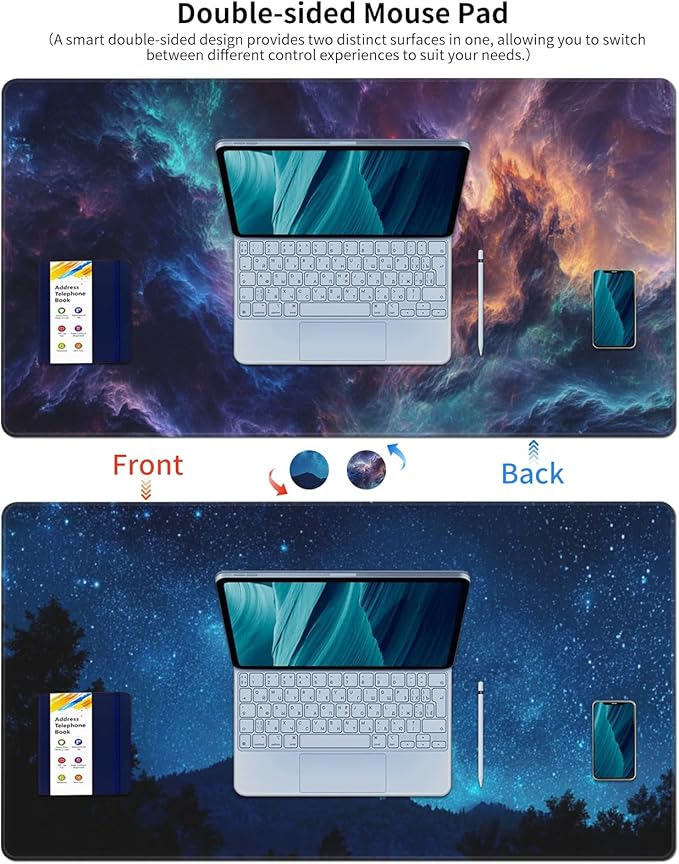 AQQA Large Desk Mat, Double-Sided Reversible Extended Mouse Pad, Galaxy and Starry Night Pattern, Waterproof & Non-Slip Gaming Keyboard Pad, Office & Home Desk Decor,31.5”x15.7”