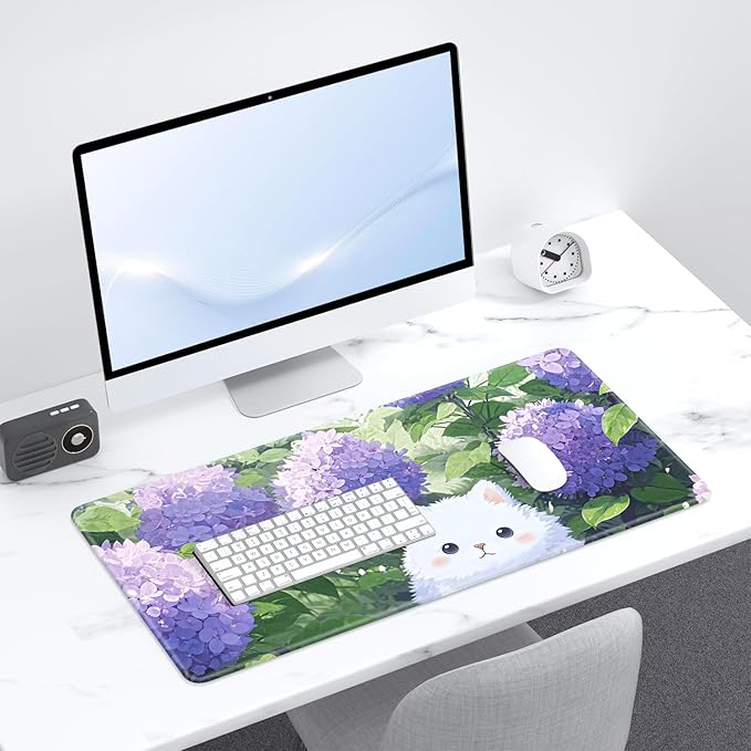 Desk Pad, 32" x 16" XXXL Extended Large Gaming Mouse Pad, Desktop Decor Desk Mat, Men Women Office Supplies and Accessories, Cute Anime Mouse Mat for Laptop & Keyboard, Purple Hydrangea Cat