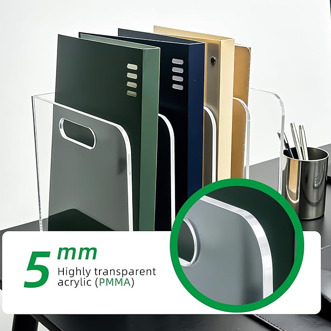 4 Vertical Compartments Clear Acrylic Magazine & File Holder – Multipurpose Desk Organizer for Office, Tablets, Magazines, Books – Documents/Home/Classroom Rack