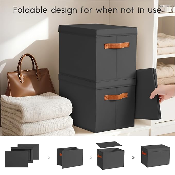 Homsorout Storage Bins with Lids - Large Fabric Closet Bins with Lid, 8 Pack Clothes Organizers and Storage, Collapsible Stackable Cube Basket for Home, Office, Dorm, Black