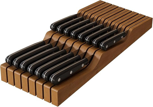 In-Drawer Knife Block Organizer - Bamboo Wood Drawer Knife Organizer-Protecting Knife Organizer Block (Not Included) (Brown, 15 Knives Dock)