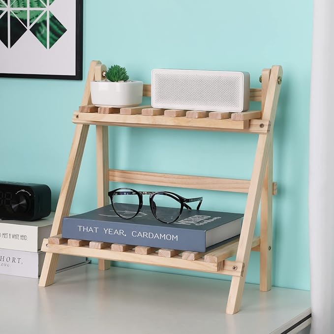 Jotsport 2-Step Desktop Storage Organizer Foldable 2 Tier Ladder Plant Stand Wood Display Shelf Decorative Storage Rack for Table Top