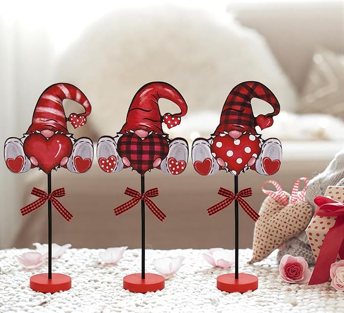 Smile Valentine's Day Gnome - Themed Wooden Block Decor Set with Red Bases and Ribbon Accents, Valentine Indoor Decoration Gift Box