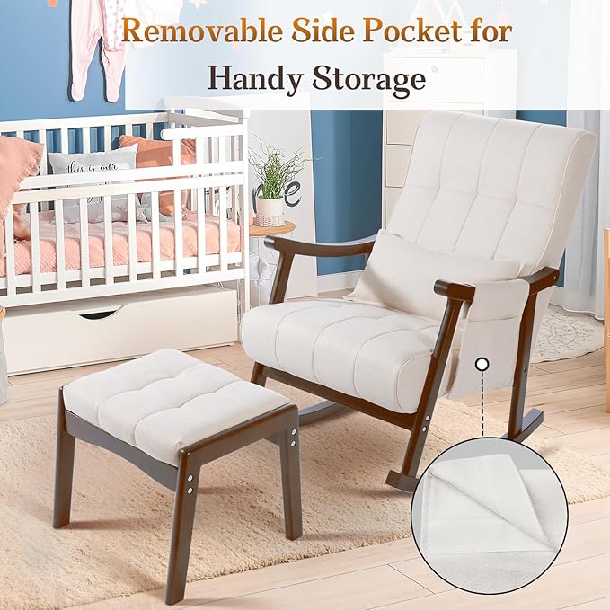 NOBLEMOOD Rocking Chair Indoor with Ottoman, Upholstered Rocking Chair with Lumbar Pillow, Side Pocket, High Back Solid Wood Frame Rocker with Footrest for Living Room