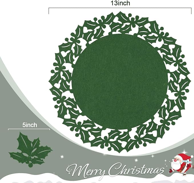 Noctiflorous Round Felt Placemats with Coasters Set of 12 Diameter 13 inch Non Slip Place Mats Heat Resistant Durable Tablemats Fall Table Decorations for Dining Table(Christmas Green, 12)