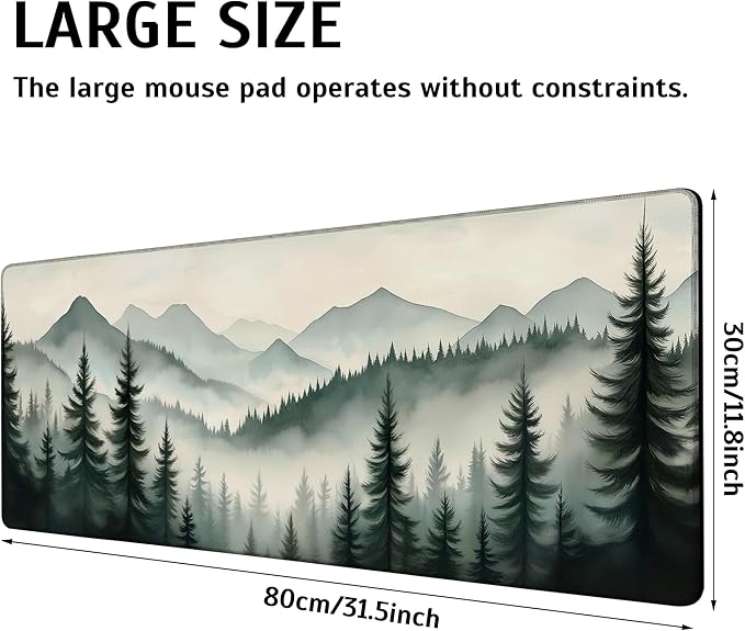 Large Gaming Mouse Pad Mountain Landscape with Mist and Trees Desk Mat,Non-Slip Rubber Base Stitched Edges,Extended Mousepad for PC,Laptop,Office,Home Decor(31.5 x 11.8 Inch)