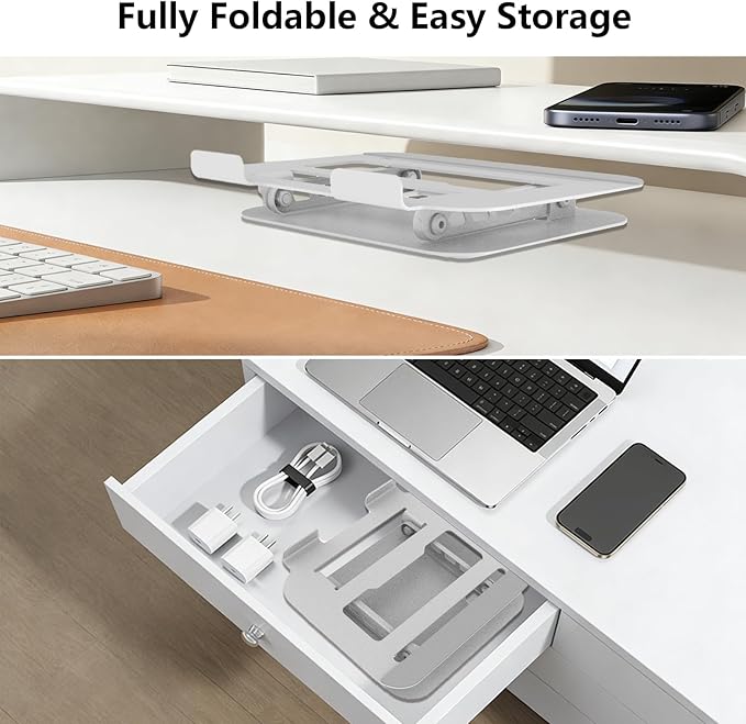 Adjustable Laptop Stand for Desk, Ultra Stable Metal Base Laptop Holder Riser, Fully Foldable for Storage and Easy to Carry, Fit for MacBook Pro/Air HP 14 All Under 16” Devices (Silvery)