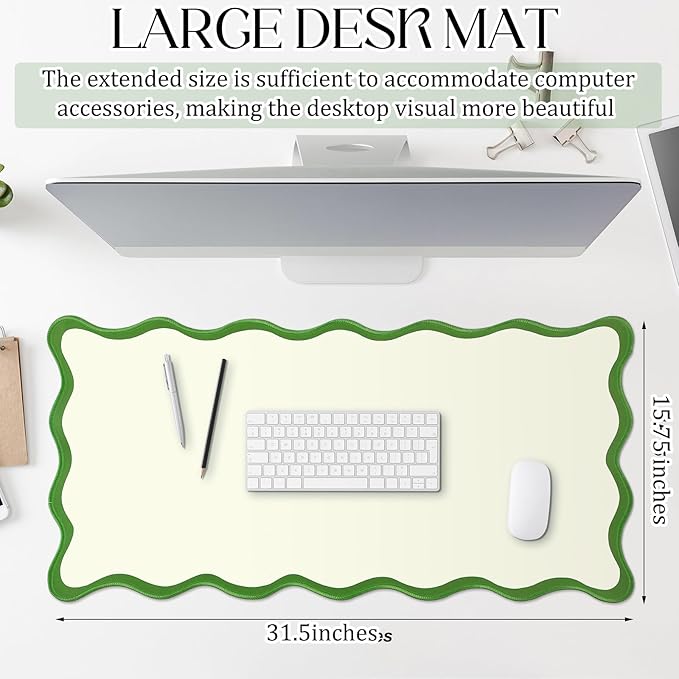 Hahafelt Scalloped Desk Mat Large Desk Pad Cute Coquette Table Mat Aesthetic Preppy Table Make up Pad Nonslip 2026 Graduation Gift with Stitching Waterproof Gaming(Green,31.5 x 15.8 Inches)