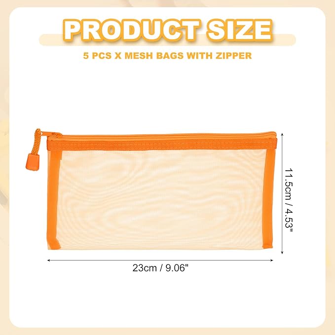 PATIKIL B6 Mesh Zipper Pouch Bags, 5 PCS Mesh Bags with Zipper Plastic Storage Pocket for Organizing File Beads Office Home Supplies, 11.5x23cm, Orange