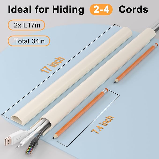 ZhiYo Cord Hider 34in (2X L17in), Cable Hider for 2-4 Cords, Wire Covers for Wall Mount TV, Cable Raceway Beige, W1.4in x H0.7in