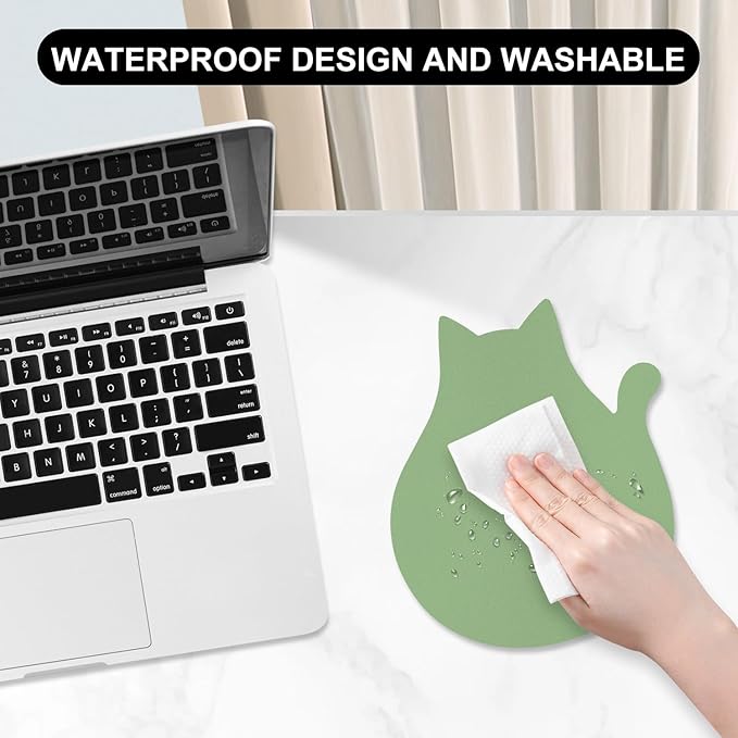 Funny Leather Mouse Pad Cute Cat Shape Office Desk Accessories Decor for Women Small Mousepad with Non-Slip Rubber Base Washable Waterproof, 9.7" x 8", Lake Green